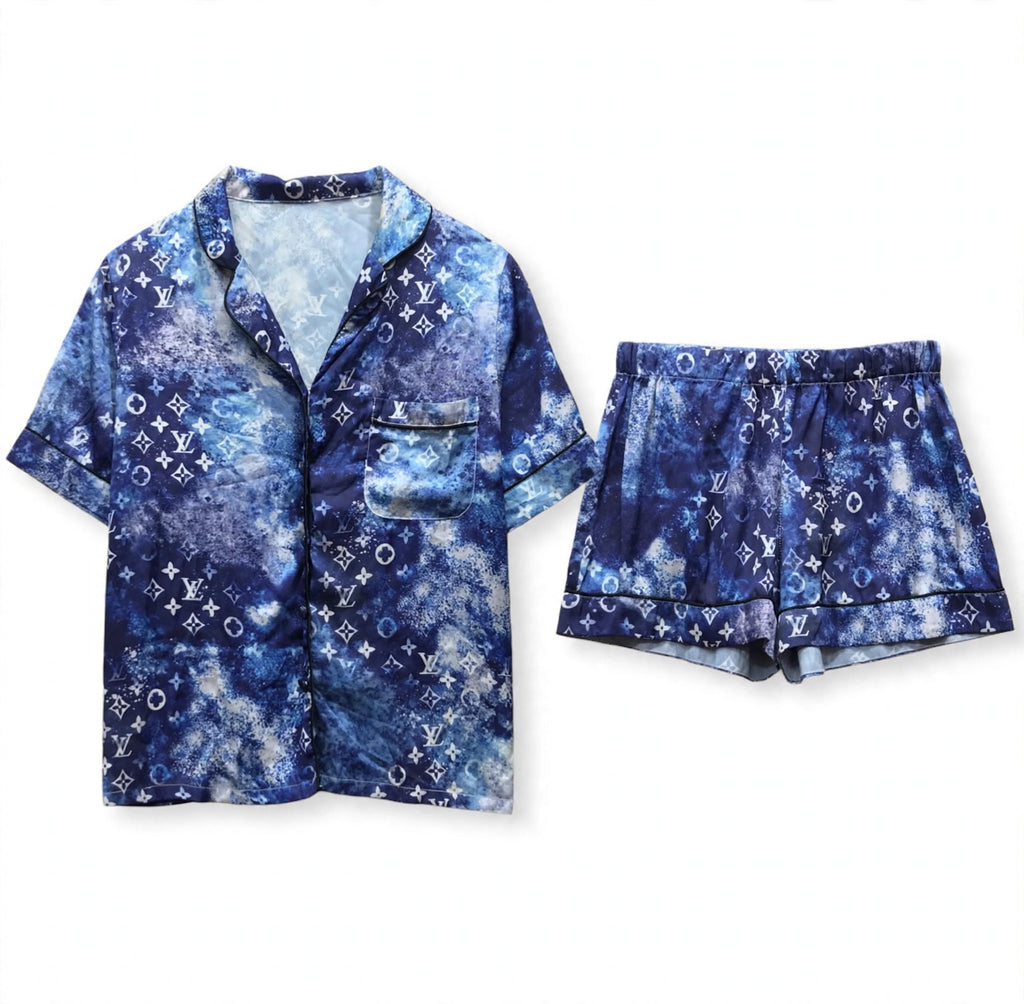 Women's blue satin night suit with monogram-inspired print – shirt and shorts set