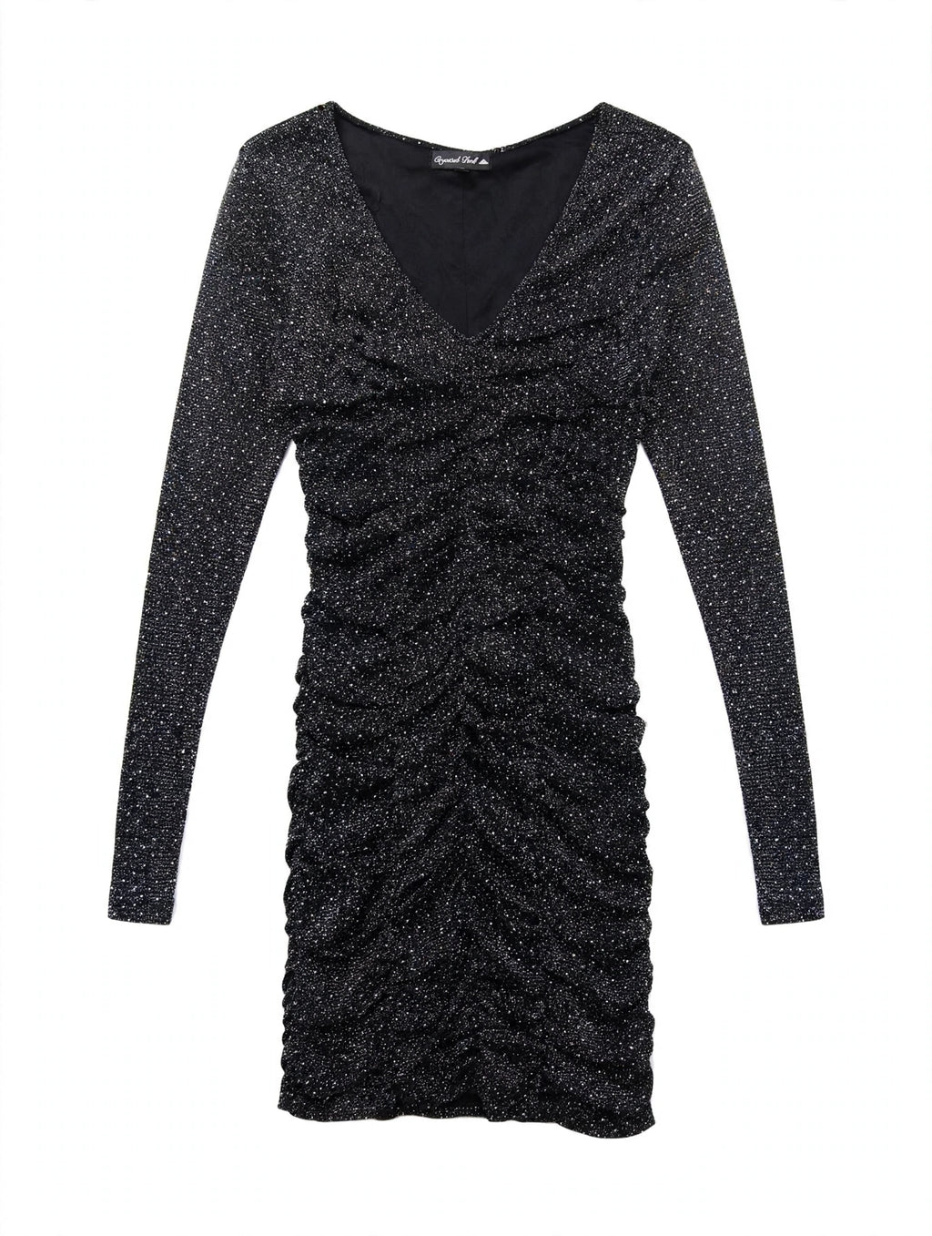 Crystal Doll Black Glitter Ruched Mini Dress (Size 5)