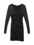 Crystal Doll Black Glitter Ruched Mini Dress (Size 5)