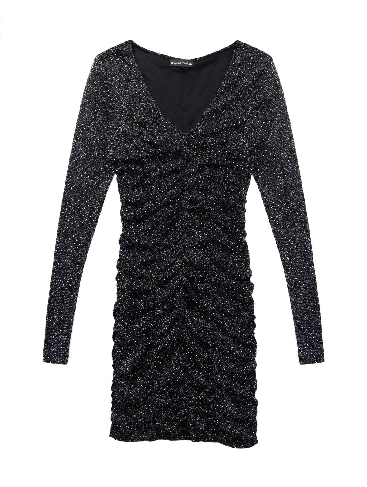 Crystal Doll Black Glitter Ruched Mini Dress (Size 5)