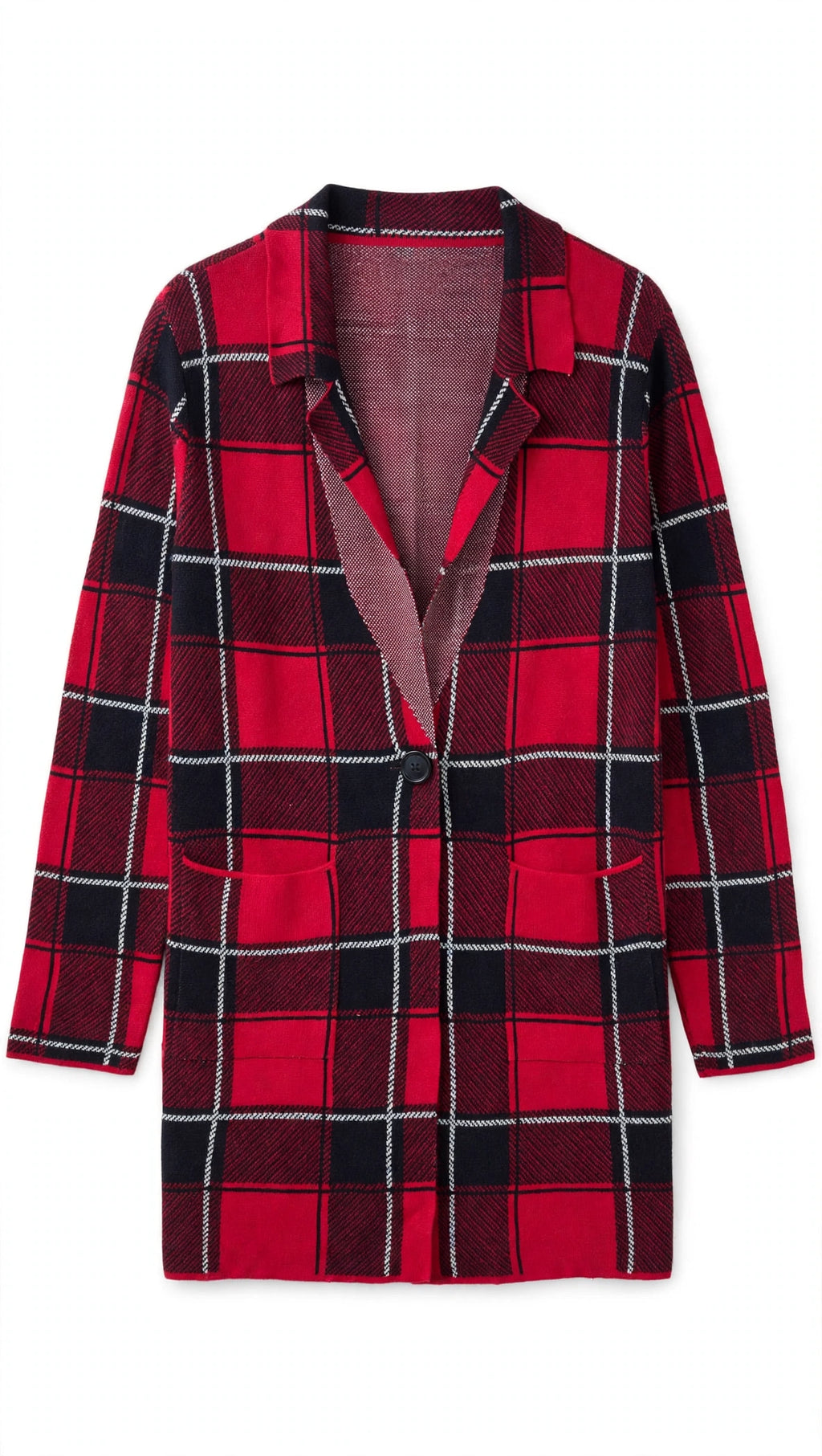 Elle Red Black and White Plaid Button Cardigan with Pockets (Size M)