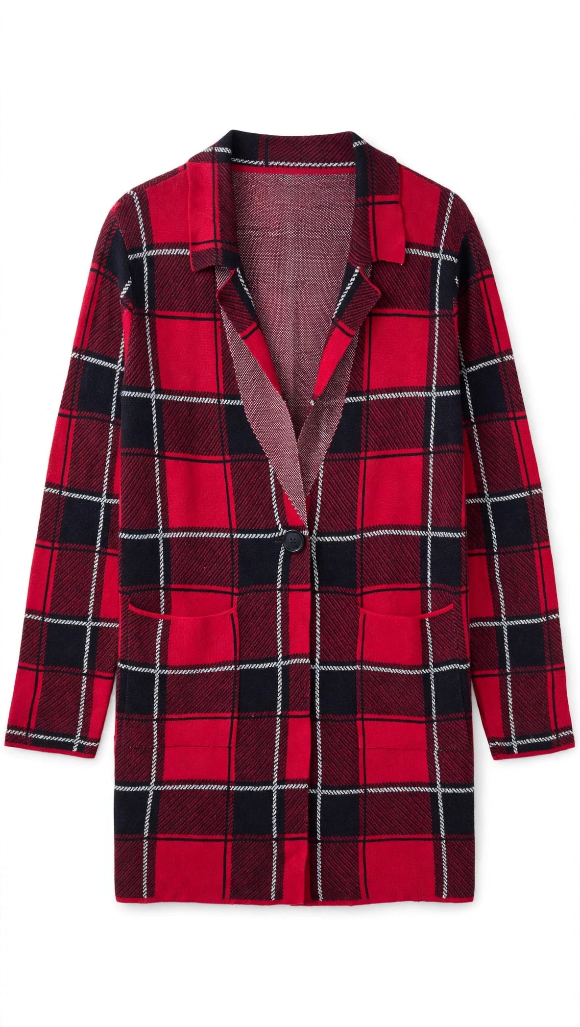 Elle Red Black and White Plaid Button Cardigan with Pockets (Size M)