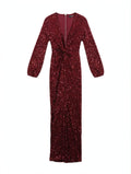 Fashion Nova Red Sequin V-Neck Maxi Dress with Back Zip (Size XS)