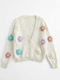Cream knit cardigan with colorful 3D floral appliques
