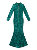Emerald Green Sequin Maxi Dress with Front Zipper