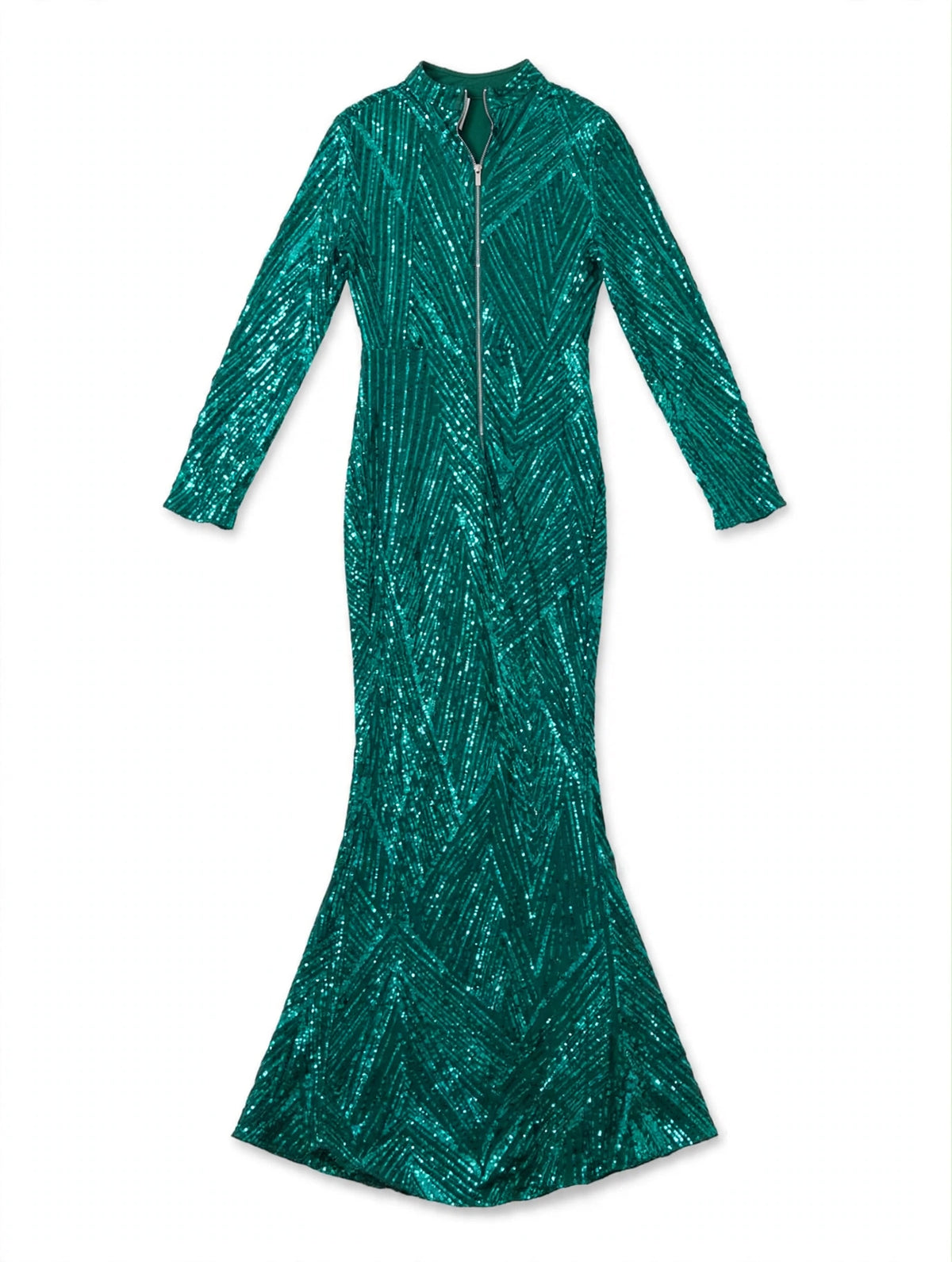 Emerald Green Sequin Maxi Dress with Front Zipper