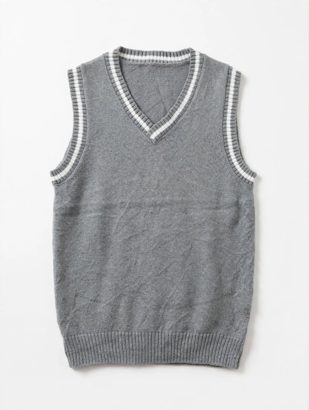 He Dai Er grey V-neck knit sweater vest with striped trim