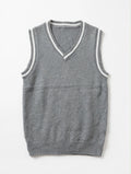 He Dai Er grey V-neck knit sweater vest with striped trim