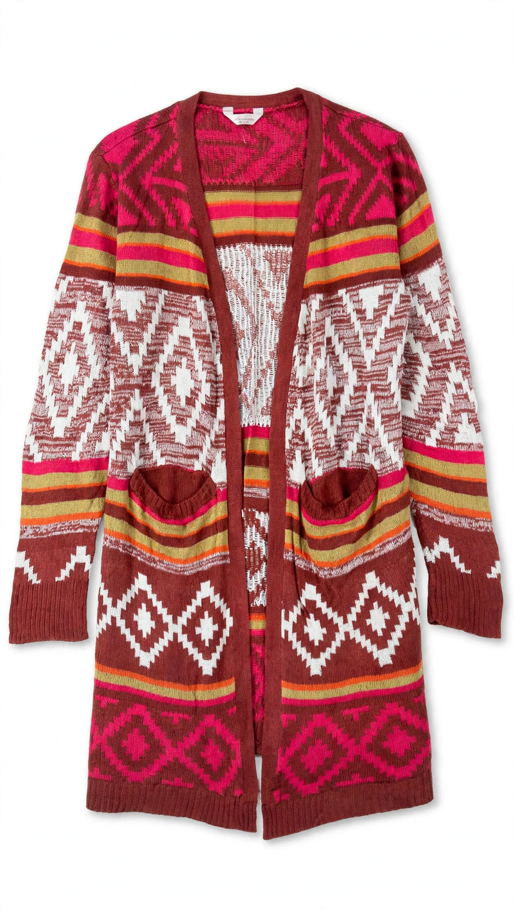 Pink Aztec No Boundaries Red Pink and White Fair Isle Aztec Cardigan with Pockets ...