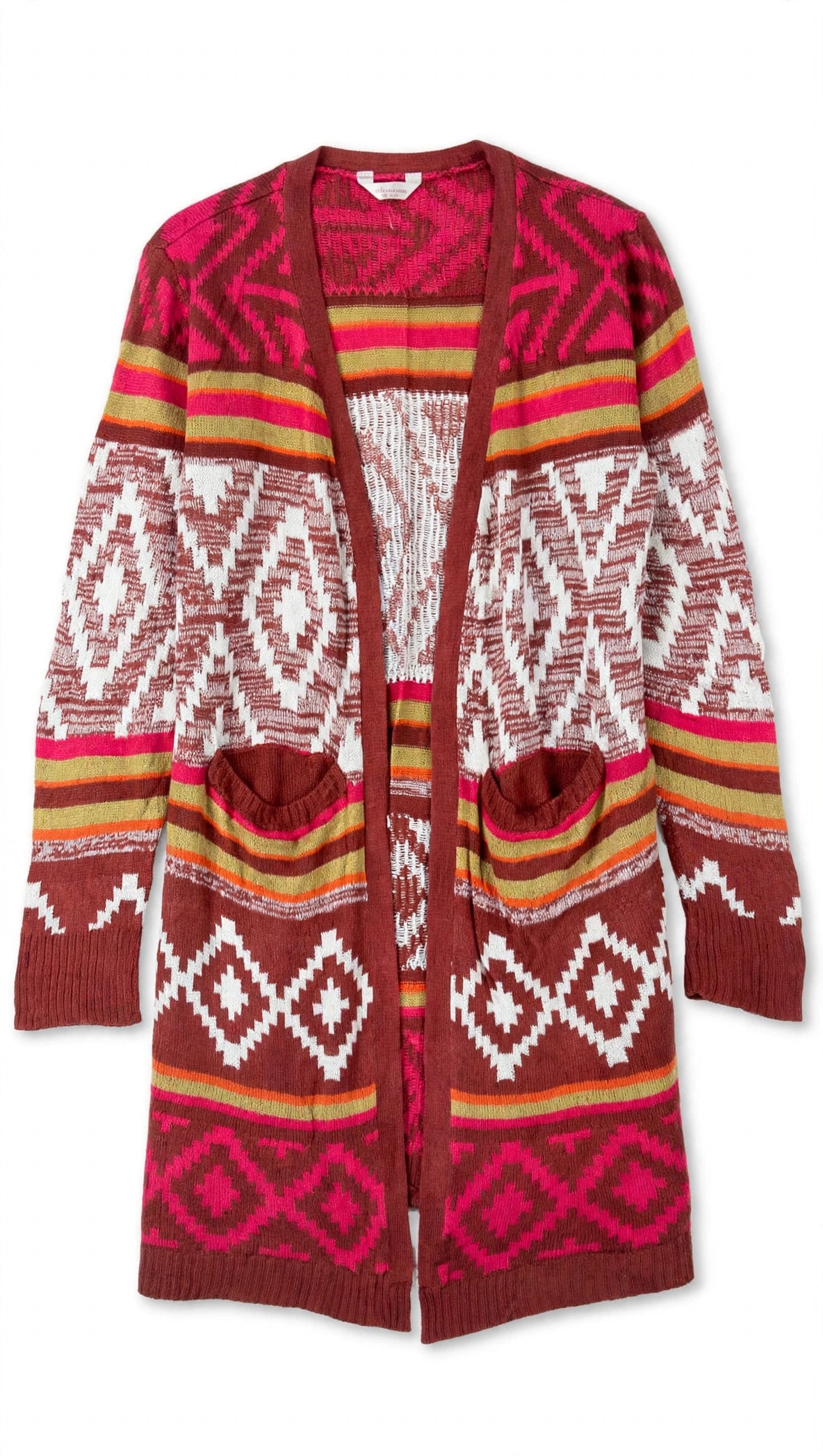 No Boundaries Red Pink and White Fair Isle Aztec Cardigan with Pockets (Size L)