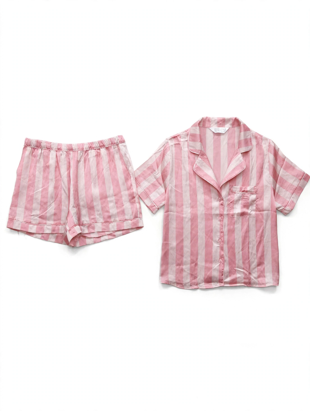 Primark Pink & White Striped Satin Pyjama Set – Short Sleeve Shirt & Shorts (Size XS)