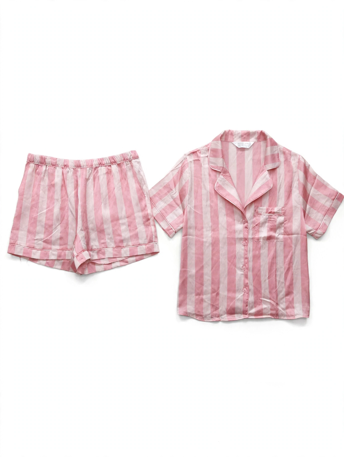 Primark Pink & White Striped Satin Pyjama Set – Short Sleeve Shirt & Shorts (Size XS)