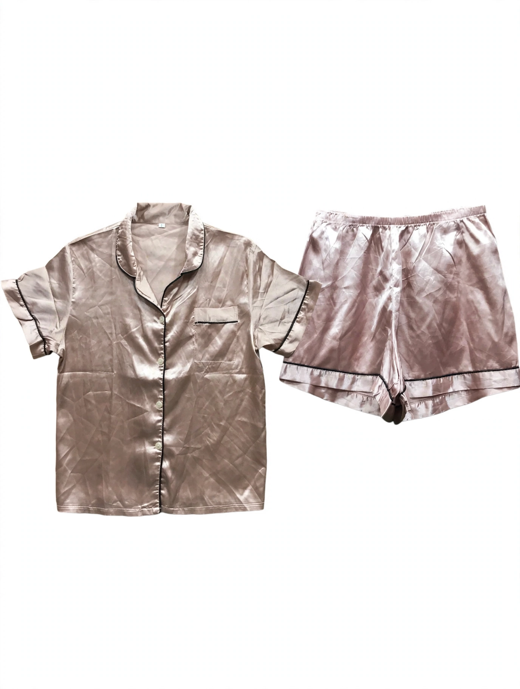 Champagne Rose-Gold Solid Satin Pyjama Set with Black Piping – Short Sleeve Shirt & Shorts (Size L)