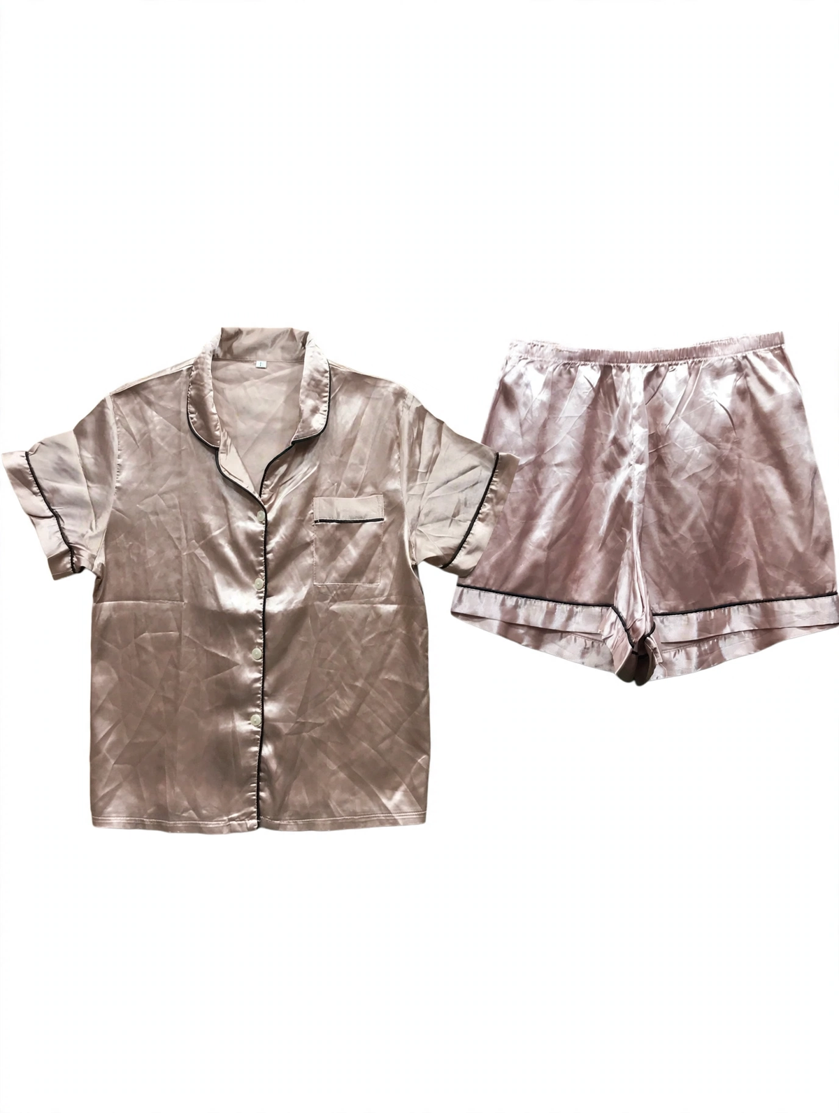 Champagne Rose-Gold Solid Satin Pyjama Set with Black Piping – Short Sleeve Shirt & Shorts (Size L)