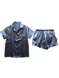 Slate Grey Solid Satin Pyjama Set – Short Sleeve Shirt & Shorts (Size XS)