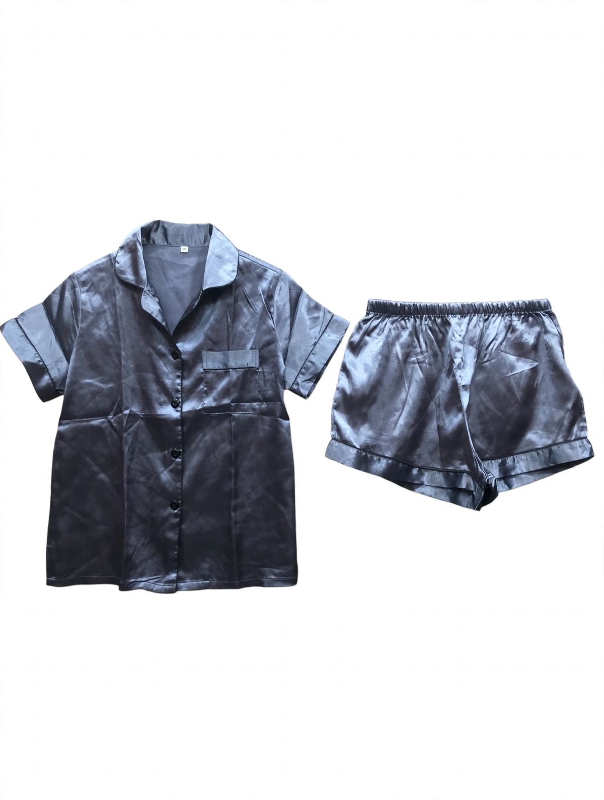 Slate Grey Solid Satin Pyjama Set – Short Sleeve Shirt & Shorts (Size XS)