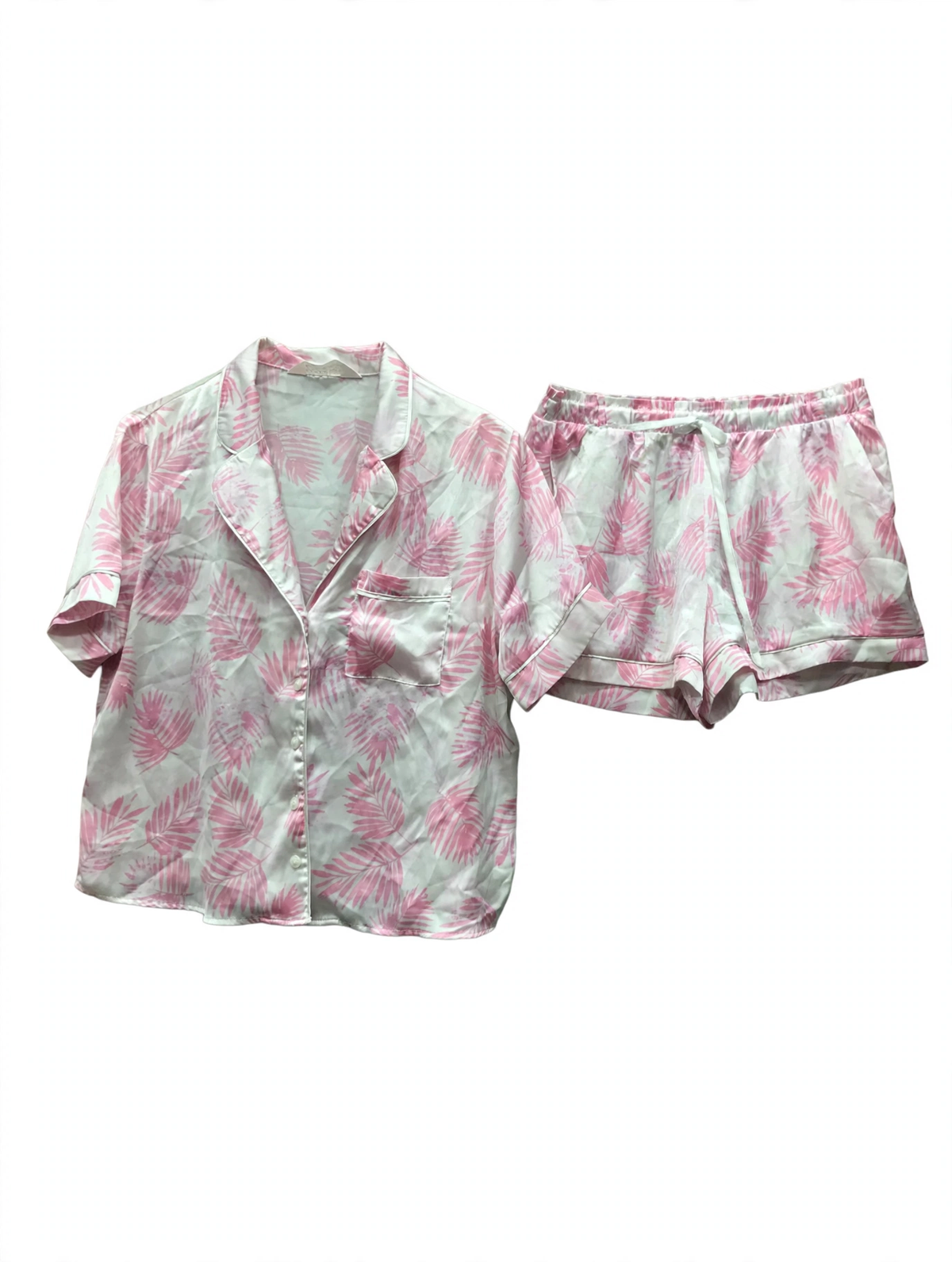 Primark Pink Palm Print Satin Pyjama Set – Short Sleeve Shirt & Shorts (Size S)