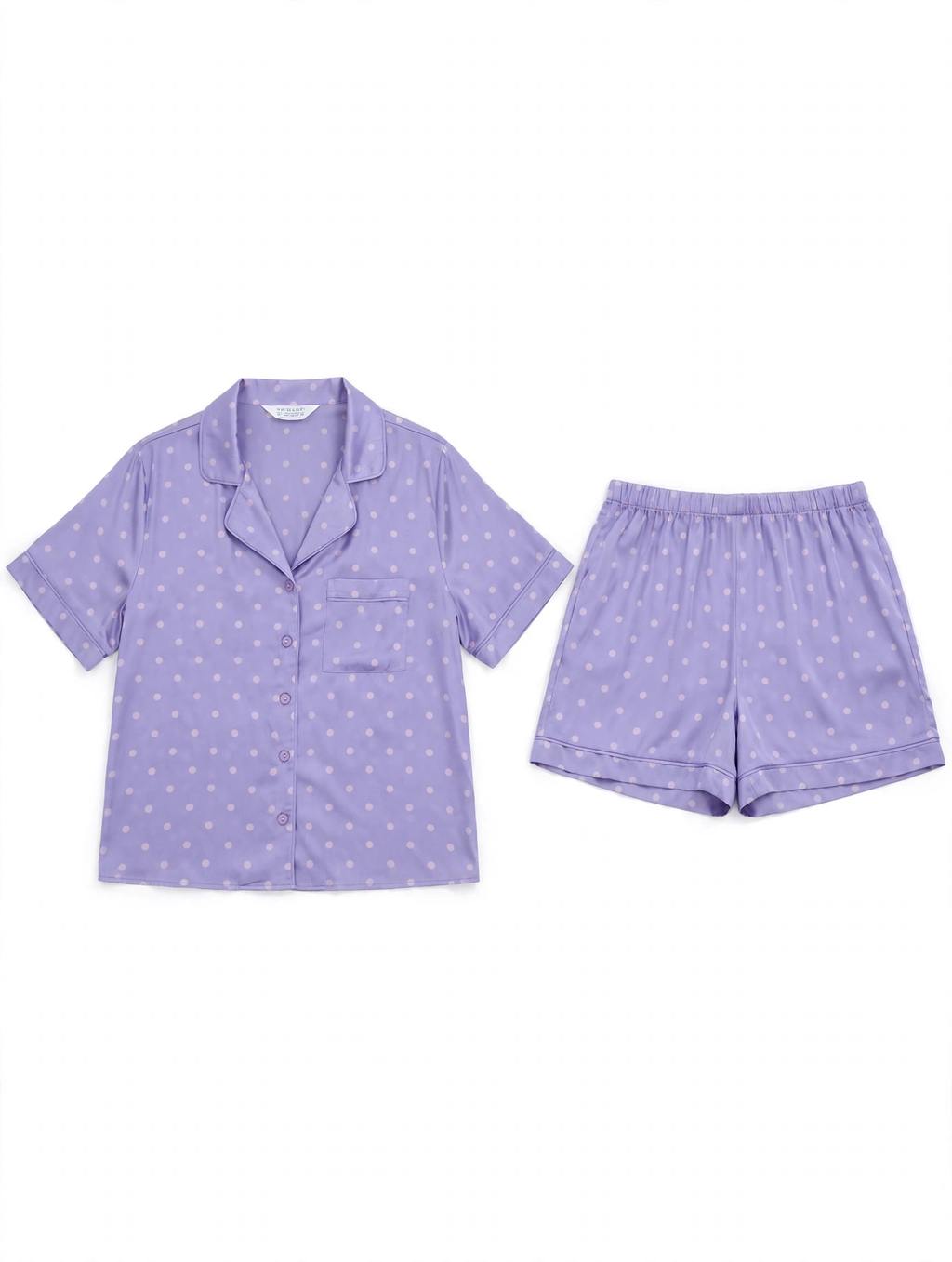 Primark Lavender Polka Dot Satin Pyjama Set – Short Sleeve Shirt & Shorts (Size S)