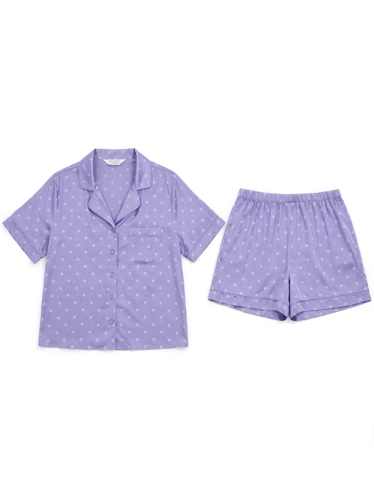 Primark Lavender Polka Dot Satin Pyjama Set – Short Sleeve Shirt & Shorts (Size S)