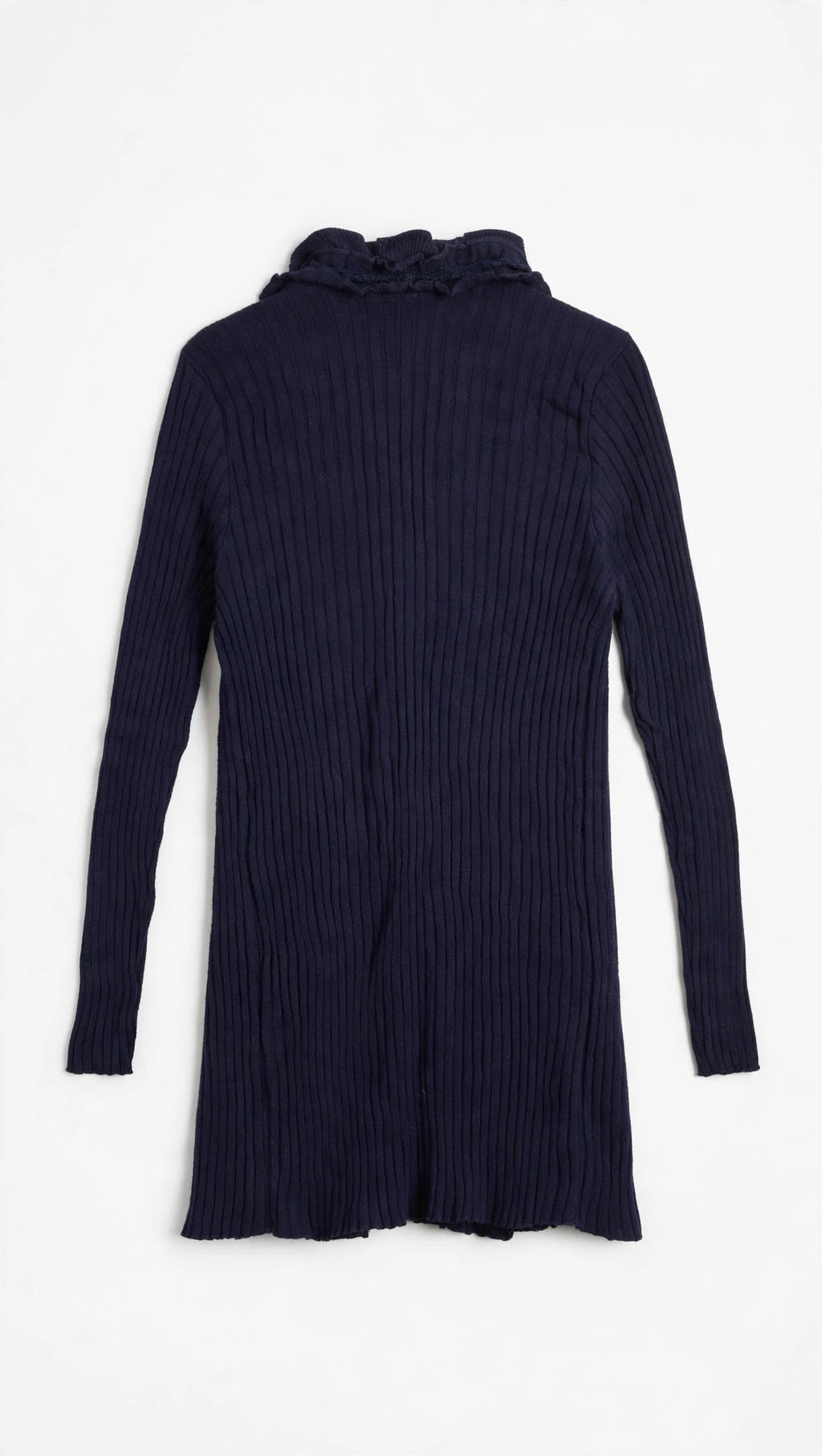 Peruzzi Dark Navy Ribbed Cardigan with Ruffle Trim and Embellishments (Size L)