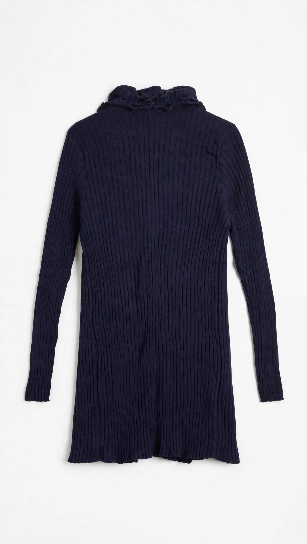 Peruzzi Dark Navy Ribbed Cardigan with Ruffle Trim and Embellishments (Size L)