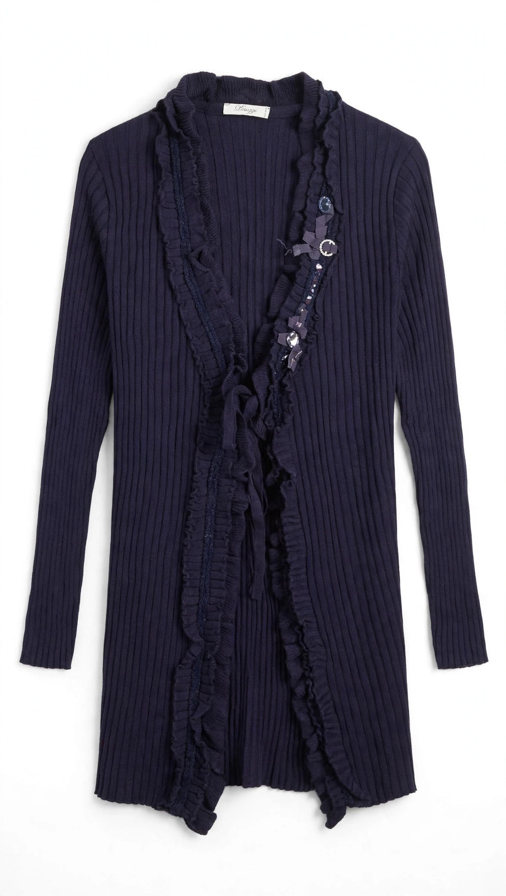 Peruzzi Dark Navy Ribbed Cardigan with Ruffle Trim and Embellishments (Size L)