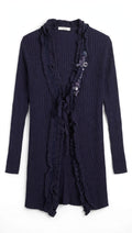 Peruzzi Dark Navy Ribbed Cardigan with Ruffle Trim and Embellishments (Size L)
