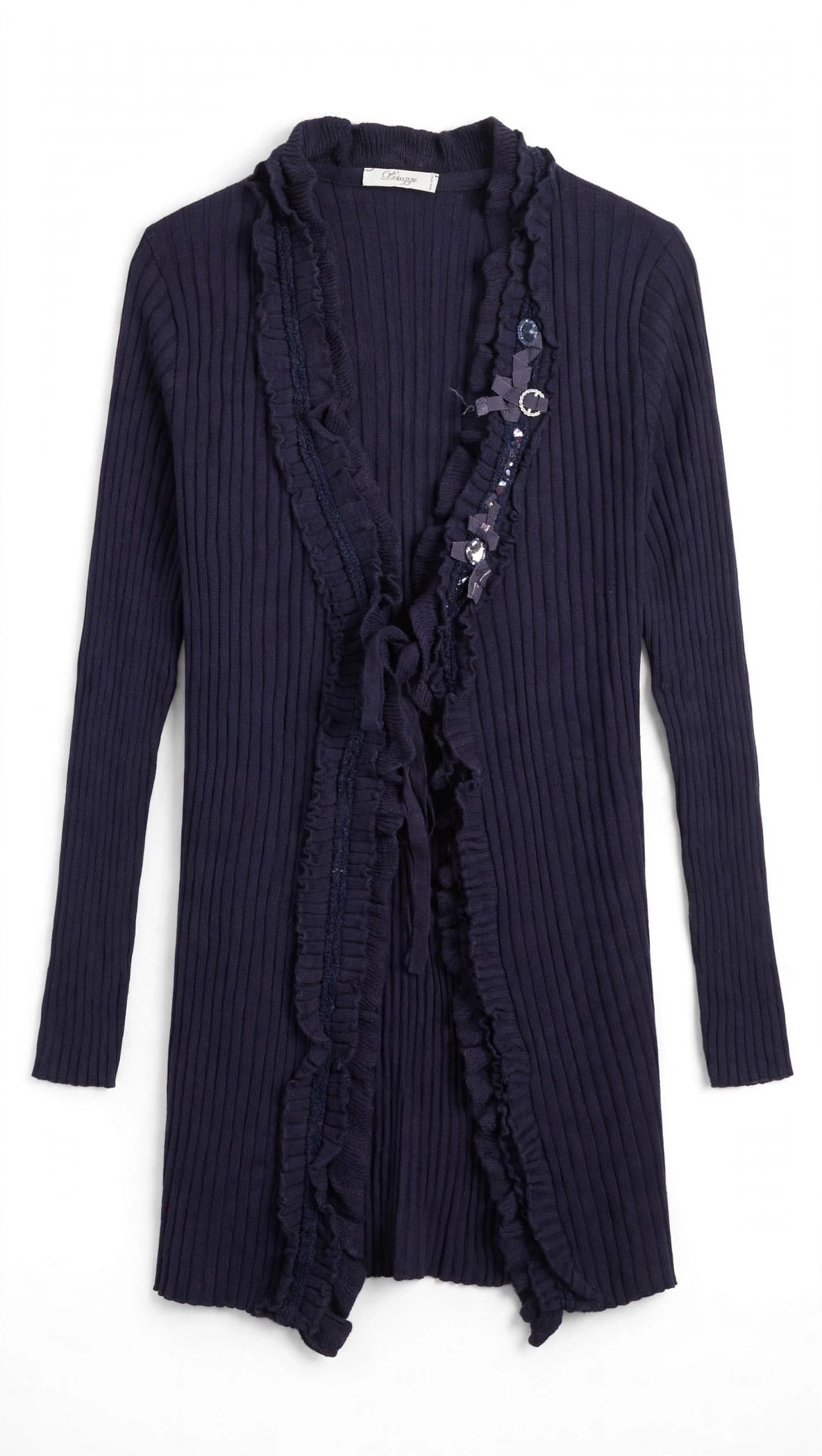 Peruzzi Dark Navy Ribbed Cardigan with Ruffle Trim and Embellishments (Size L)