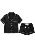 Women's black satin night suit with white piping - short sleeve shirt and shorts pajama set