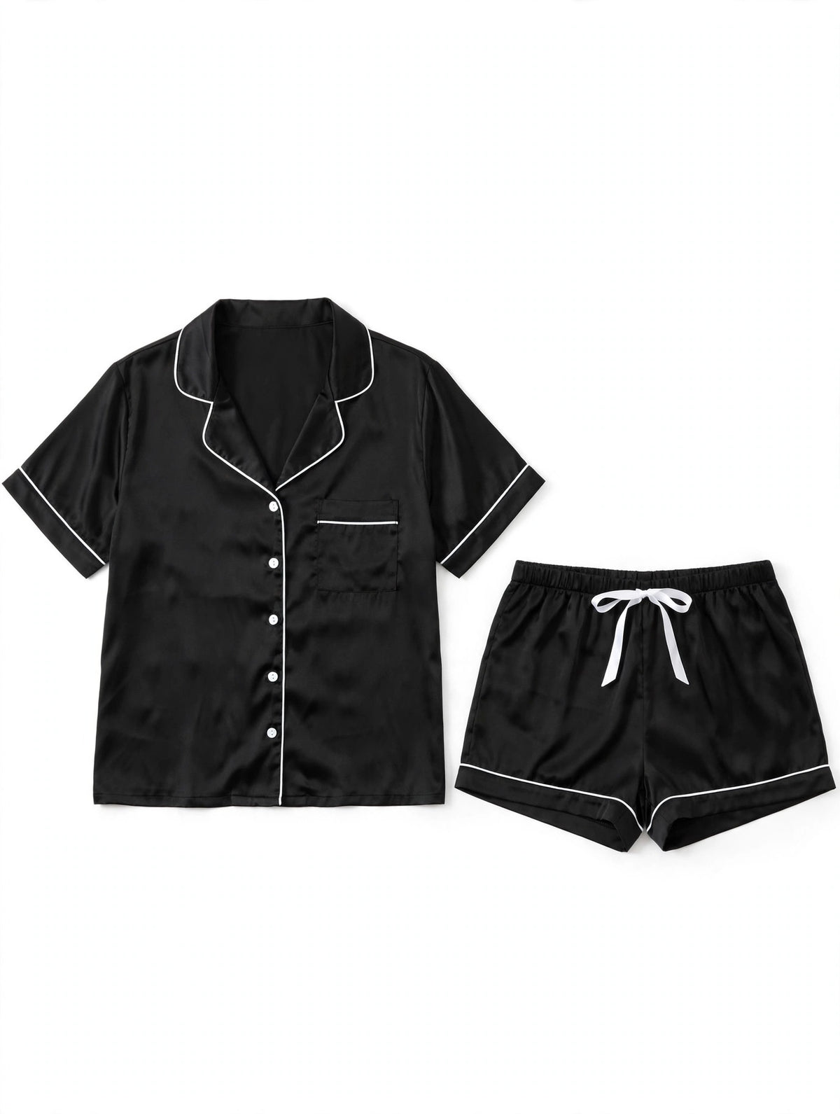 Women's black satin night suit with white piping - short sleeve shirt and shorts pajama set