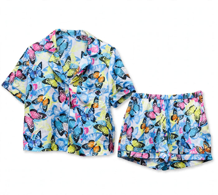 Women's Satin Butterfly Print Night Suit – Short Sleeve Shirt & Shorts Pajama Set (Multi)