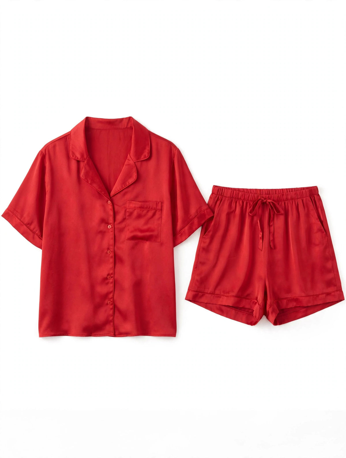 Women's solid red satin night suit - short sleeve shirt and shorts pajama set