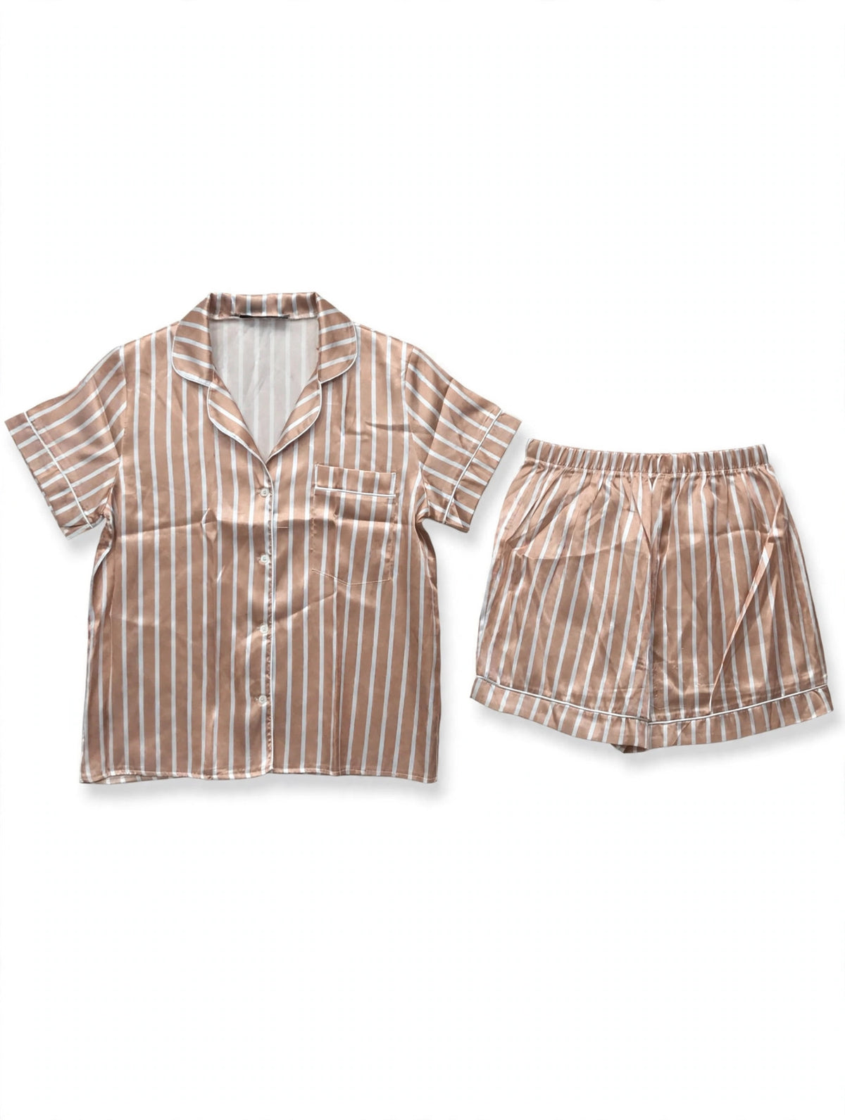 Women's tan and white striped satin night suit - short sleeve shirt and shorts pajama set