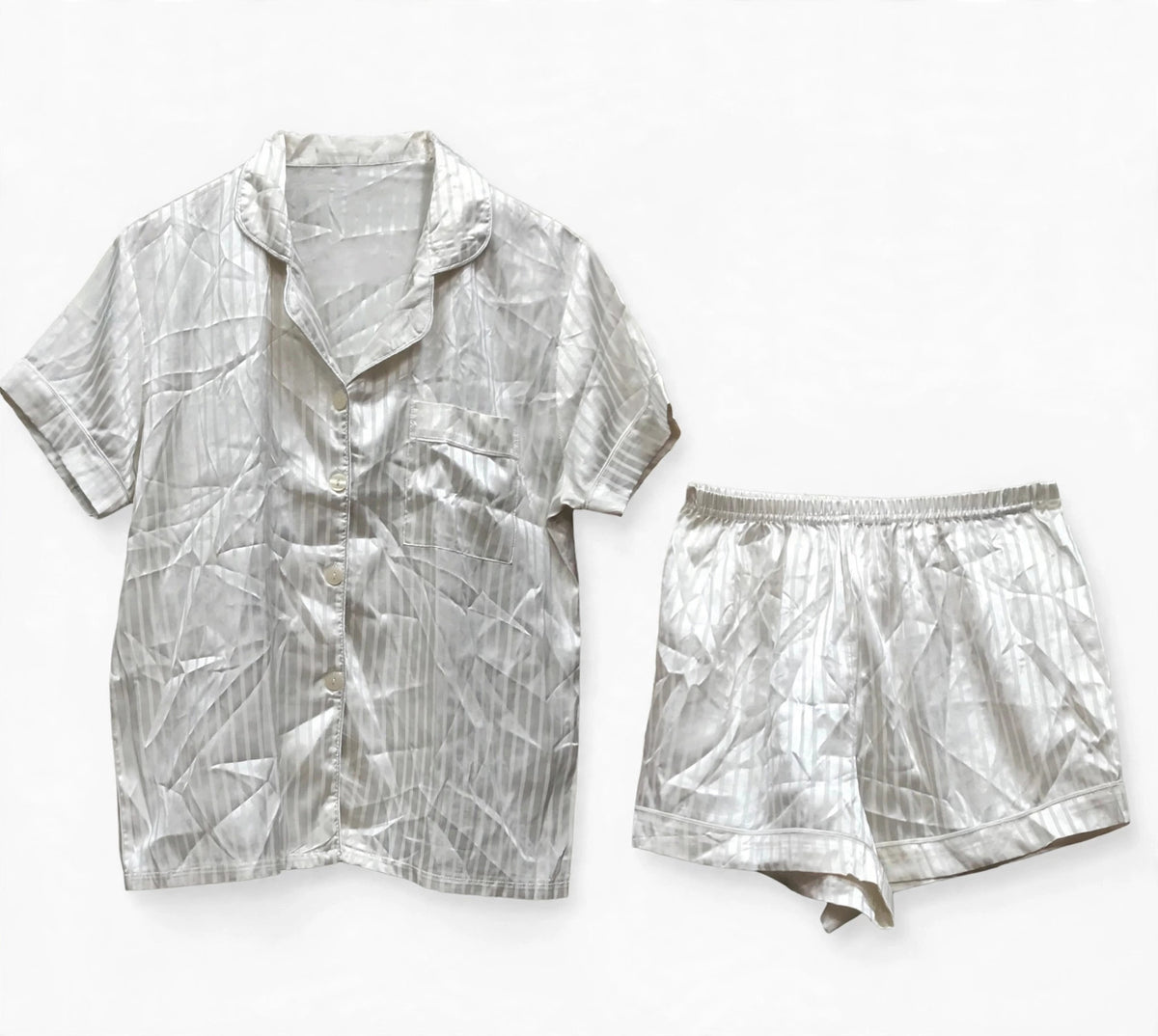Women's white self-stripe satin night suit – shirt and shorts set