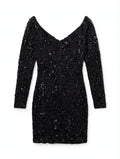 Windsor Black Sequin V-Neck Mini Dress with Back Zip