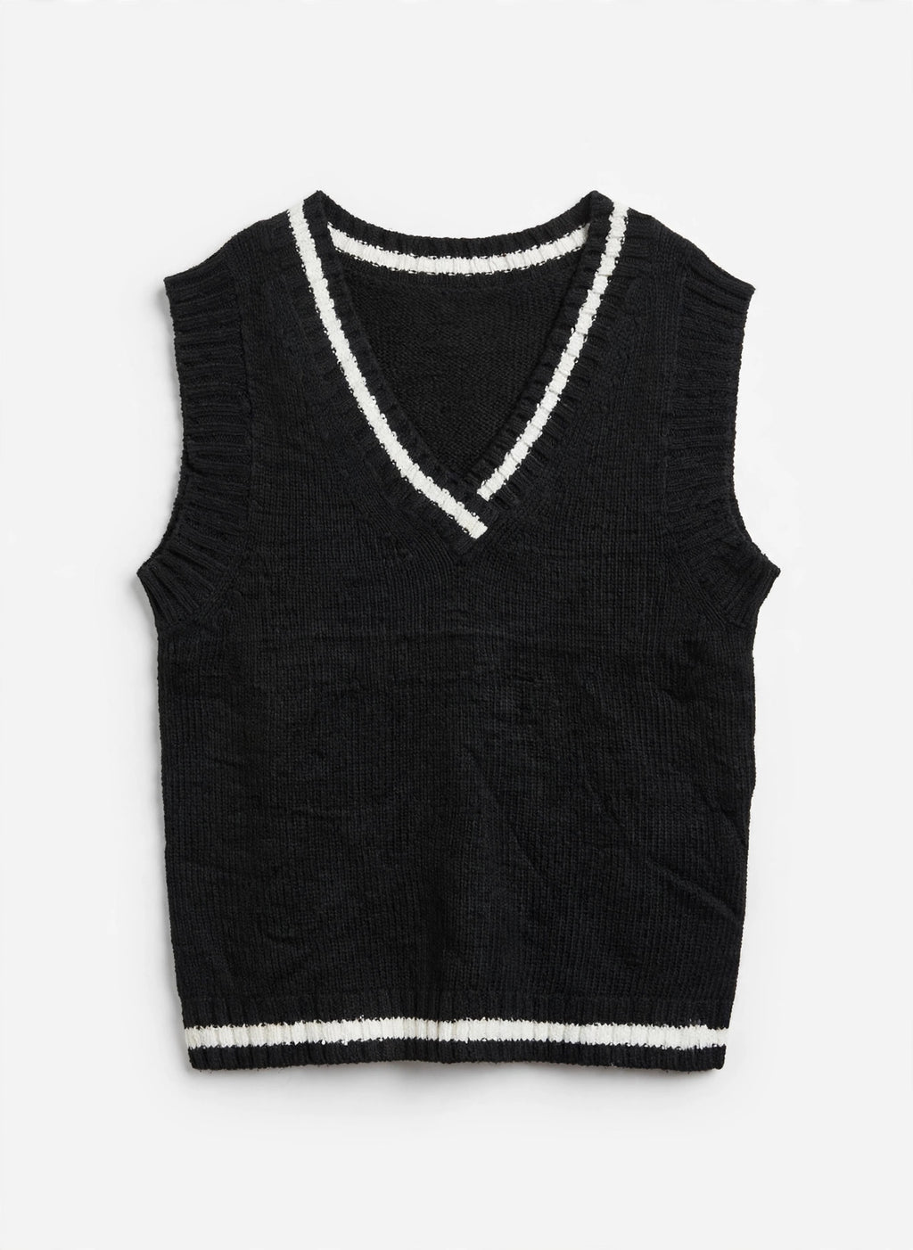 FB Sister Knitwear Black Knit Sweater Vest with White Striped Trim (Size S)
