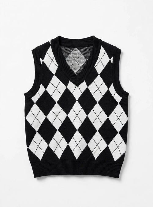Black/White Argyle Knit Sweater Vest (Size L)