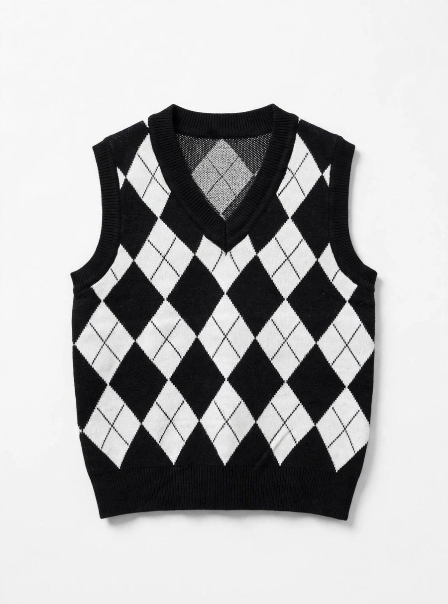 Black/White Argyle Knit Sweater Vest (Size L)