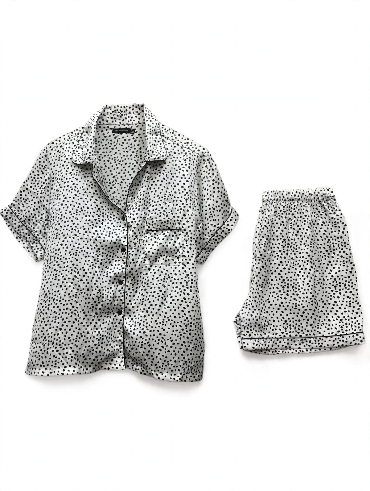 White satin night suit with black spotted print – short sleeve shirt and shorts