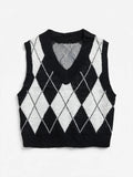 ROMWE Black/White Argyle Knit Sweater Vest (Size S)