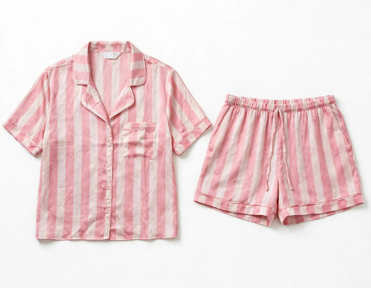 Pink and white striped satin night suit – short sleeve shirt and shorts