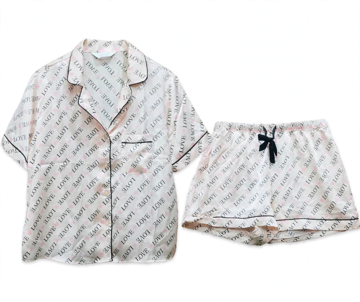 White satin love-print night suit with black piping – shirt and shorts