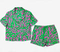 Green and magenta abstract print satin night suit – shirt and shorts