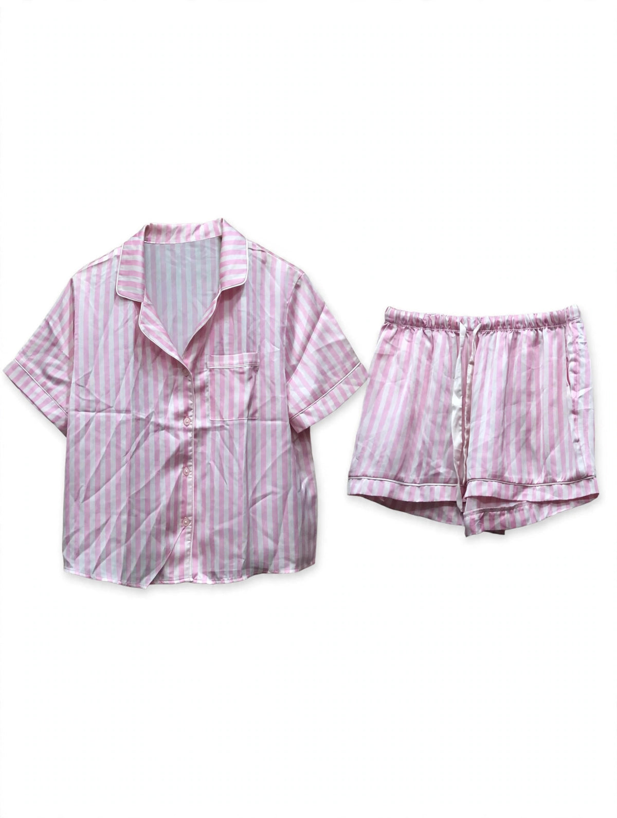 Pink and white pinstripe satin night suit – short sleeve shirt and shorts