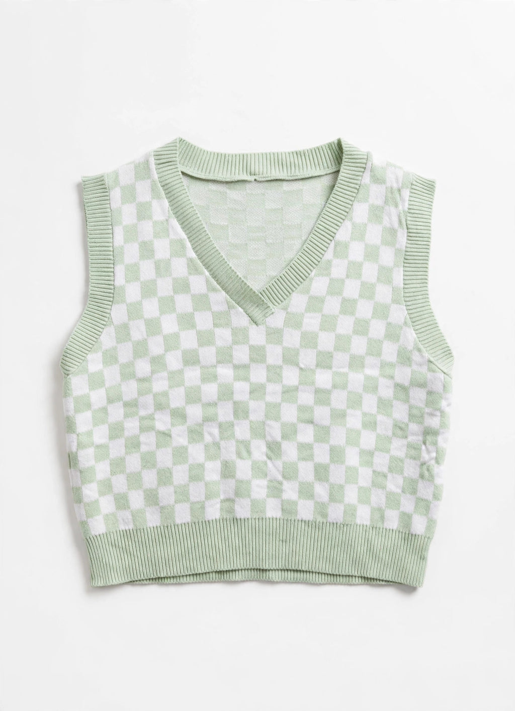 Stradivarius Mint/White Checkerboard Knit Sweater Vest (Size S)