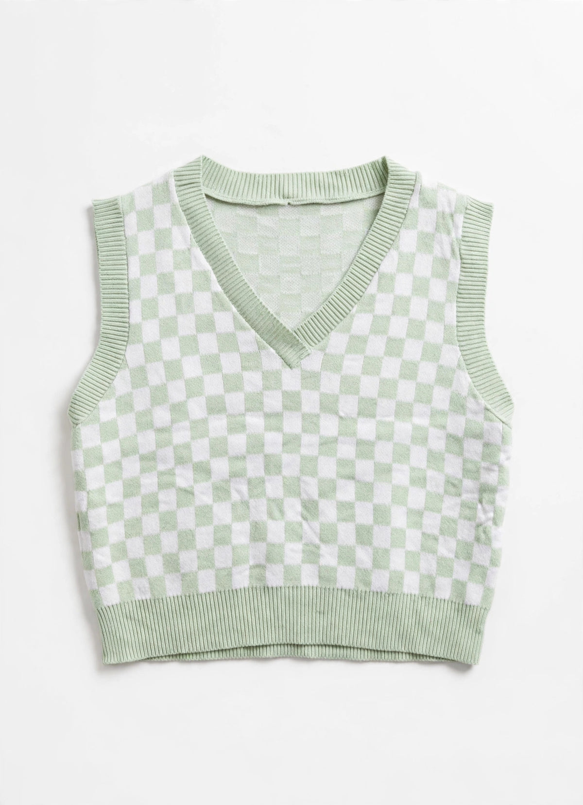 Stradivarius Mint/White Checkerboard Knit Sweater Vest (Size S)
