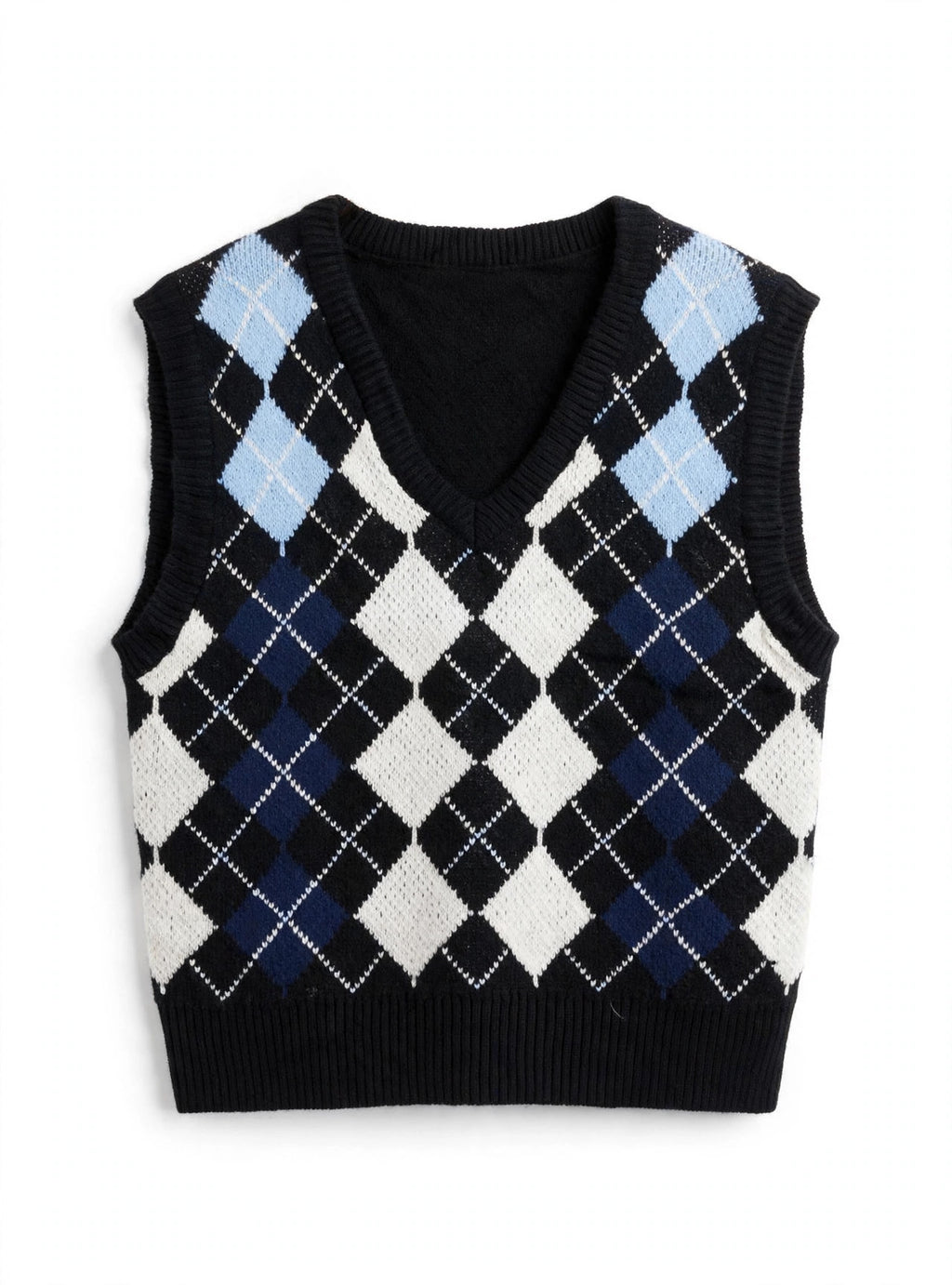 SHEIN Black/Navy/Light Blue Argyle Knit Sweater Vest (Size S)