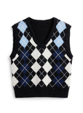 SHEIN Black/Navy/Light Blue Argyle Knit Sweater Vest (Size S)
