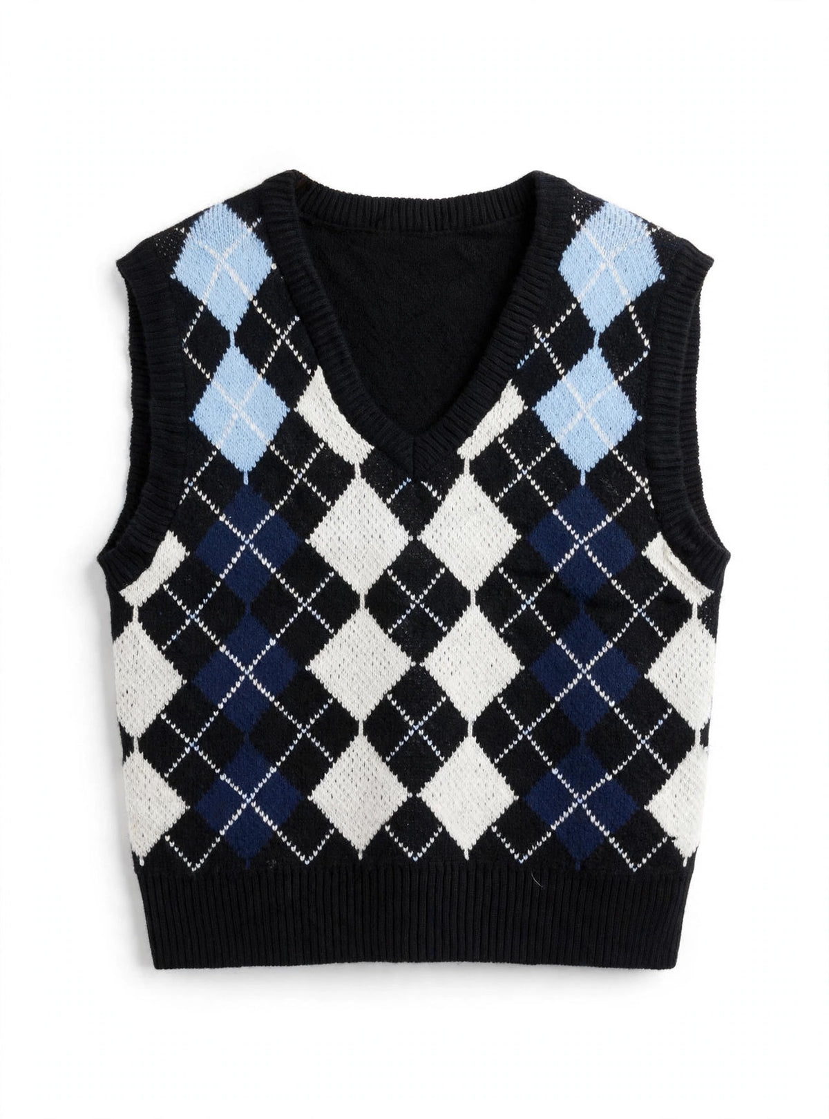 SHEIN Black/Navy/Light Blue Argyle Knit Sweater Vest (Size S)