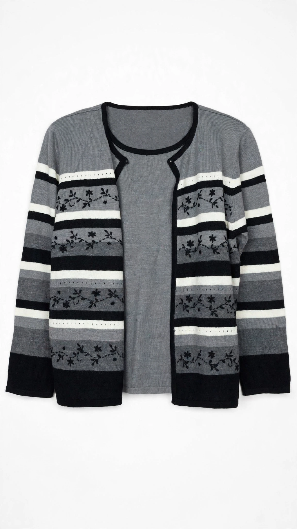 alfred dunner Grey Striped Knit Twinset Cardigan (Size L)